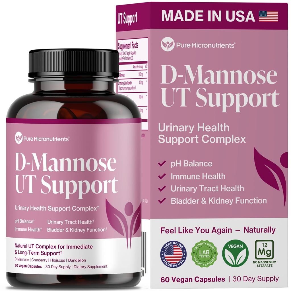 Pure D Mannose Cápsulas 1000mg por serviço - Suporte UTI de ação rápida - Limpeza de trato urinário & Saúde da bexiga - Cranberry, D-Mannose, Dandelion, Flor de Hibisco - 60 bonés vegetarianos