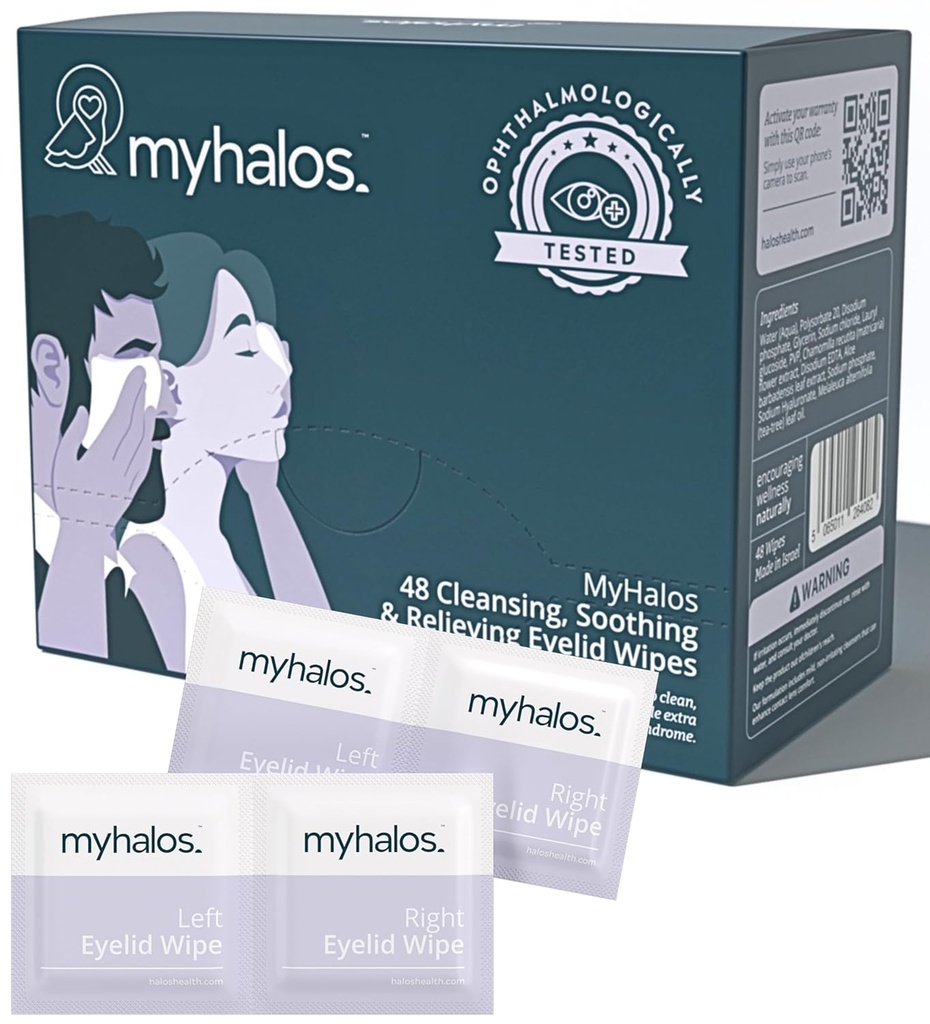 MyHalos® 48 Hydrating Eyelid Wipes for Dry Eye Relief - Hidratante e calmante Eye Wipes with Tea Tree - Ajuda com Blefarite & Computer Vision Syndrome, Blefarite Treatment for Eillids, Cleanser