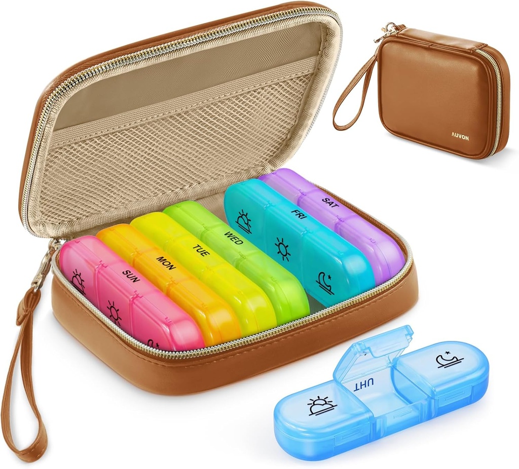 AUVON Organizador de pílulas semanal 3 vezes por dia, caixa de pílulas grande 7 dias com um saco de couro PU, Protabel viagem caso de pílulas lembrete, caixa de pílulas diária 3 vezes por dia para vitaminas, óleo de peixe, suplementos