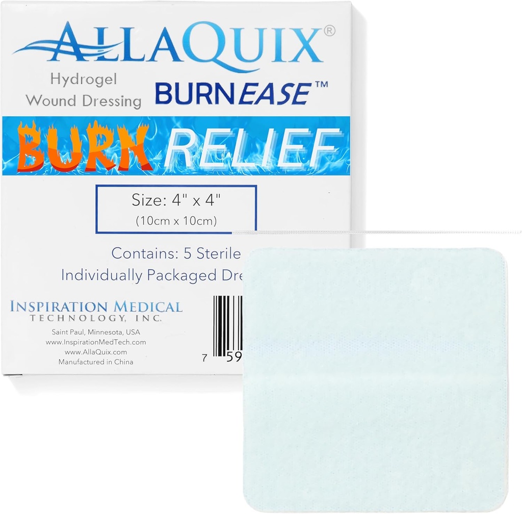 BurnEaseTM Hydrogel Burn Dressing Pads por AllaQuix – XL 4" Almofadas esterilizadas (Caixa de 5) □ Alívio de resfriamento instantâneo para queimaduras, escaldamentos, Sunburn