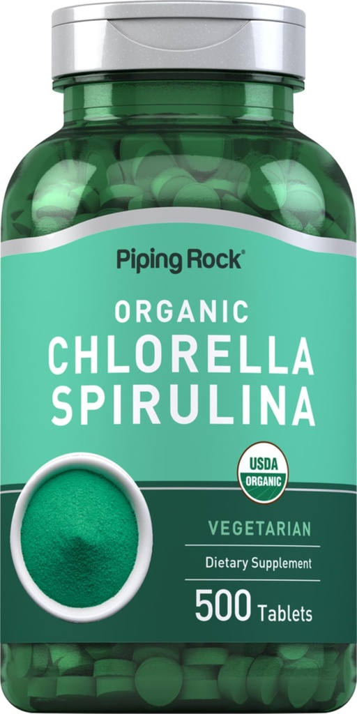 Piping Rock chlorela espirulina orgânico 500 comprimidos ou pílulas vegetarianas não-GMO, suplemento sem glúten