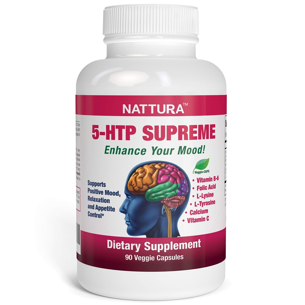 Natura 5-HTP Supremo - para controle de humor positivo, relaxamento e apetite - com 5-HTP, L-Tirosina, L-Lysina, Vitamina B6, Folato (ácido fólico), Vitamina C (ácido ascórbico), Cálcio - 90 Cápsulas
