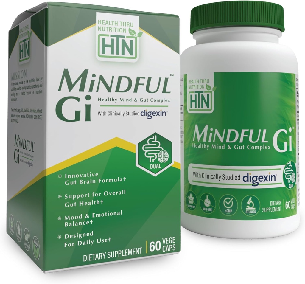 Health Thru Nutrition Mindful GI - Healthy Mind & Gut Complex (com Digexin, Magnésio, L-Glutamina e Probiótico para o Suporte do Eixo do Cérebro de Gut)