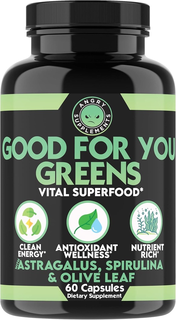 Suplementos irritados Bom para você Verdes, Vital Green Super Food Mistura para Imune Support Fórmula de reforço, Infundido com espirulina, Astragalus Root, e Olive Leaf Root Extract (1-Bottle)