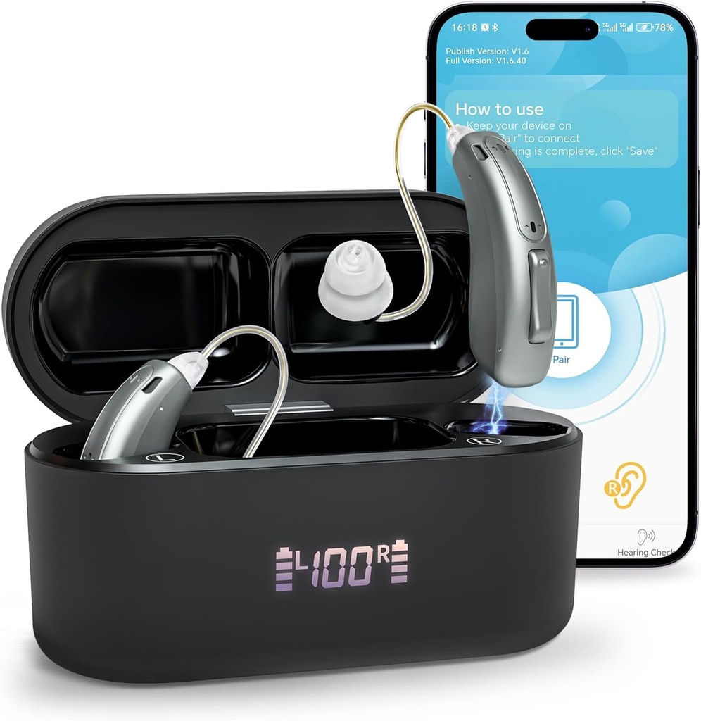 Aids auditivos (não amplificadores), Aids auditivos recarregáveis Bluetooth para idosos Adultos, Qualidade de som superior OTC Aid auditivo inteligente com cancelamento de ruído, Bluetooth habilitado e controle de aplicativo, 4 modos