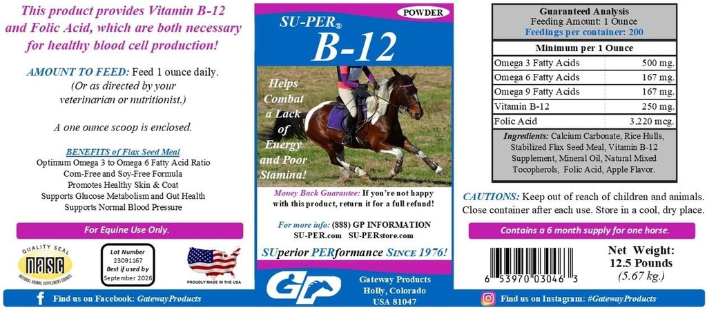 SU-PER B-12 Energy Horse Supplement - Equino Vitaminas B-12 & B-9 Ácido Fólico Suporte Pó - 12,5 libras, 6 meses de fornecimento