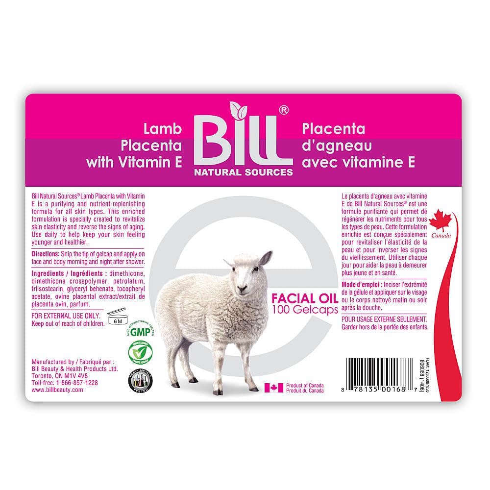 Bill Natural Sources Lamb Placenta com vitamina E, 100 Gelcaps - rejuvenesce células da pele maçantes e revitaliza a elasticidade das células da pele