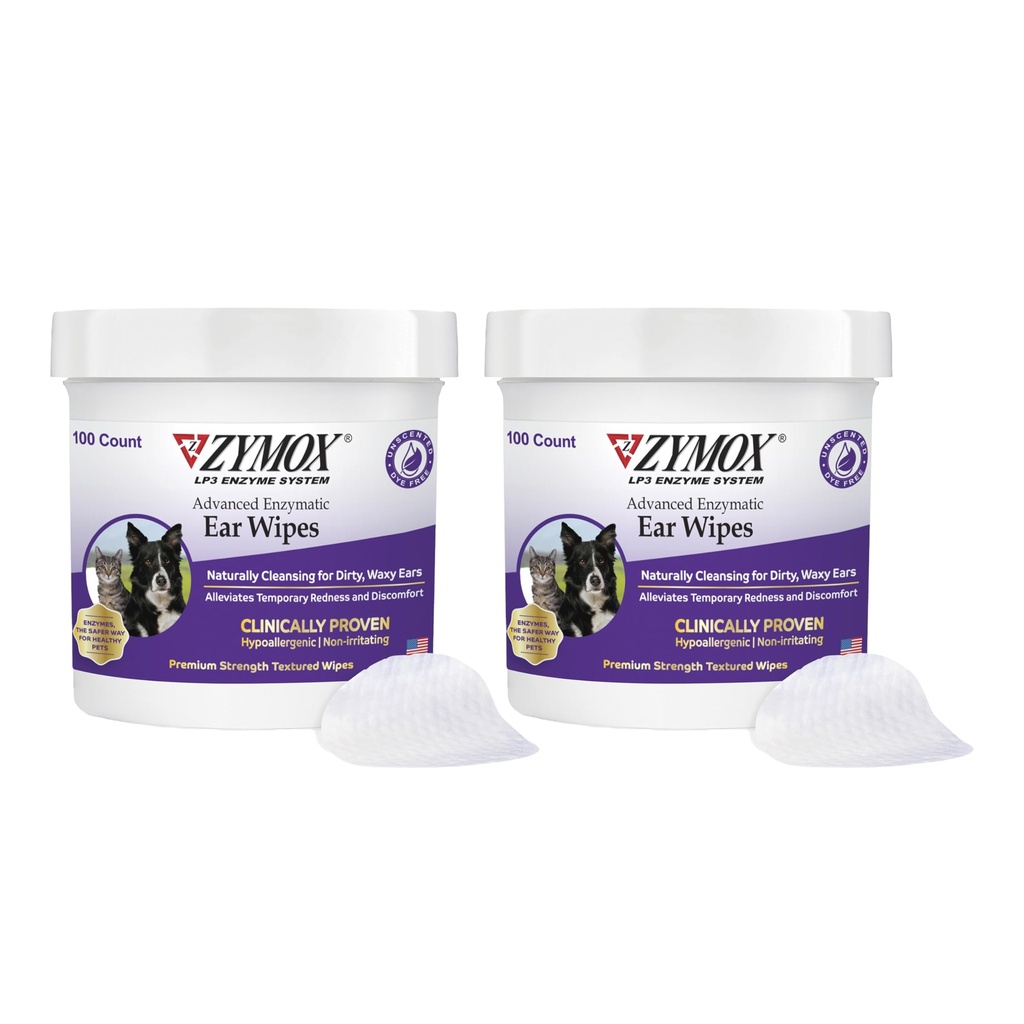 Zymox Toalhitas Enzimáticas Avançadas para Cães e Gatos - para Sujo, Waxy, Orelhas Fedorentas - Limpadores de ouvido de força Premium - Não Irritante - Hipoalergênico (100 Count-Pack de 2)
