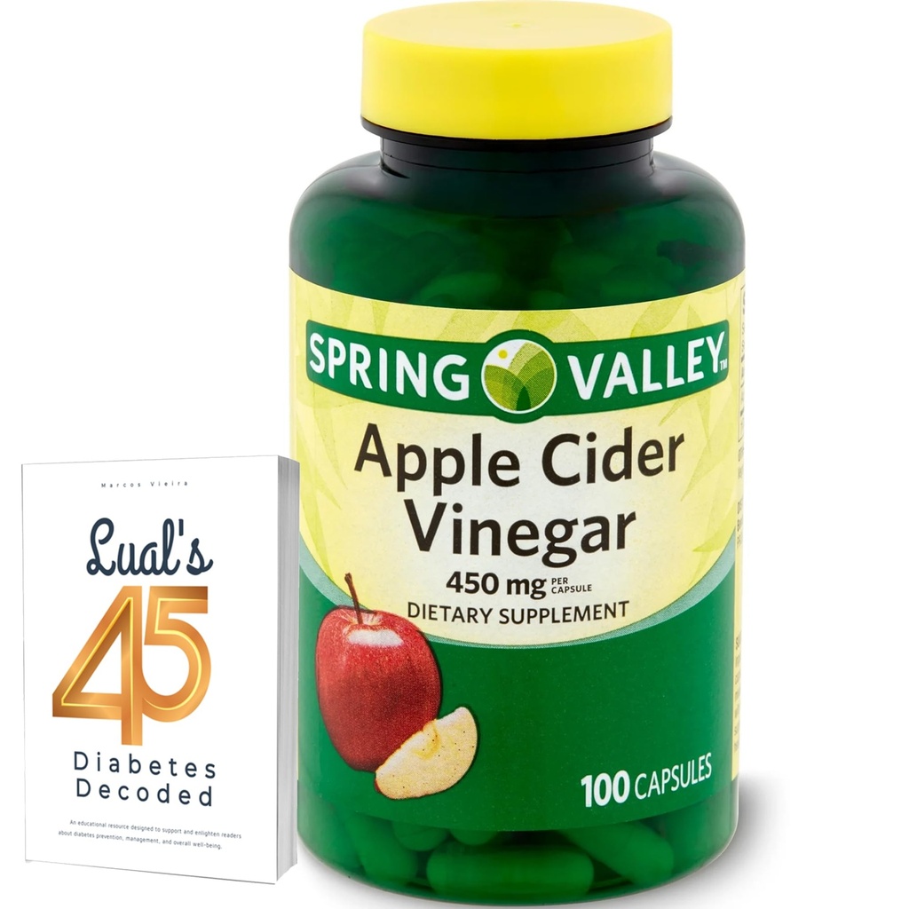 Apple Cider Vinagre 450mg. Spring Valley Apple Cider Vinagar Cápsulas 450 mg 100 Contagem, Não-GMO, Suplemento sem glúten Pacote com 45 Diabetes de Luall Descodificado