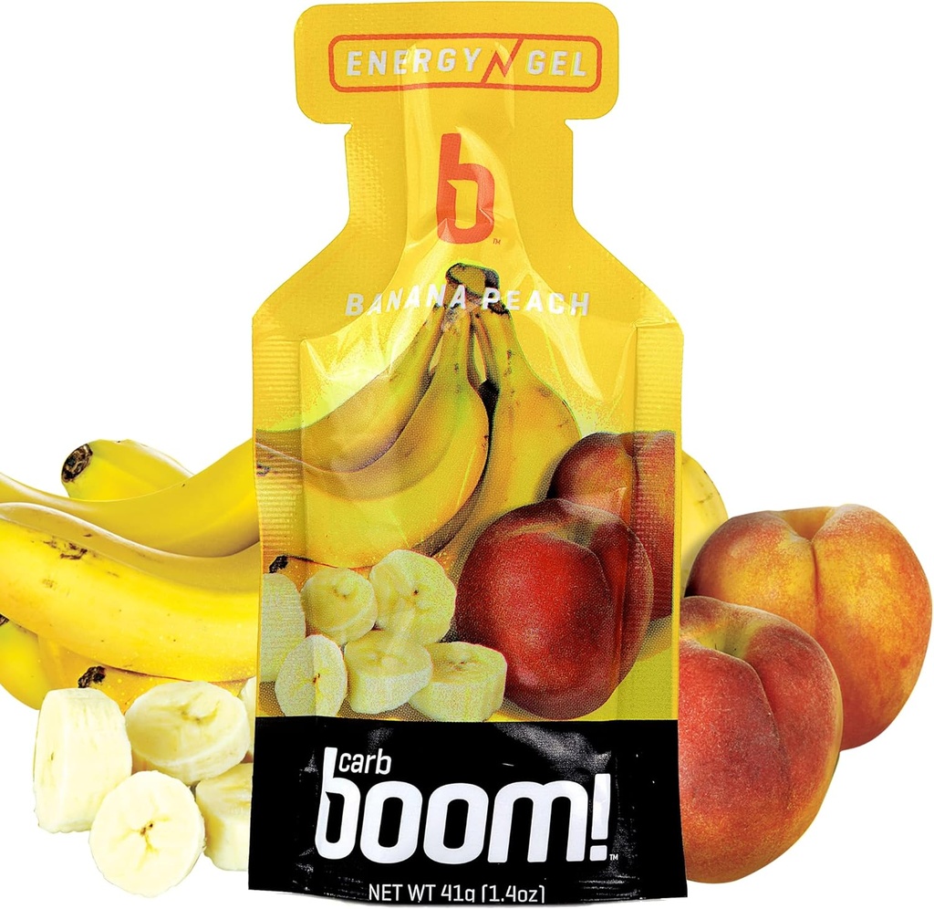 Boom Nutrition Energy Gel - Geles de energia fracionados com frutas - Gel de treino - Gel de energia para ciclismo - Gel de correr - Gel de energia natural - Peach Banana (24 Pack)