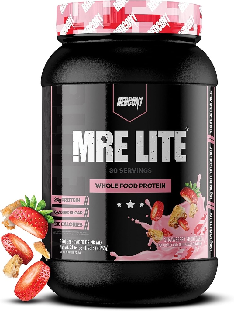 REDCON1 MRE Lite proteína alimentar inteira em pó, Strawberry Shortcake - Low Carb & Whey Substituição de refeição grátis com misturas de proteína animal - Suplemento fácil de digerir feito com óleos MCT (30 Servões)