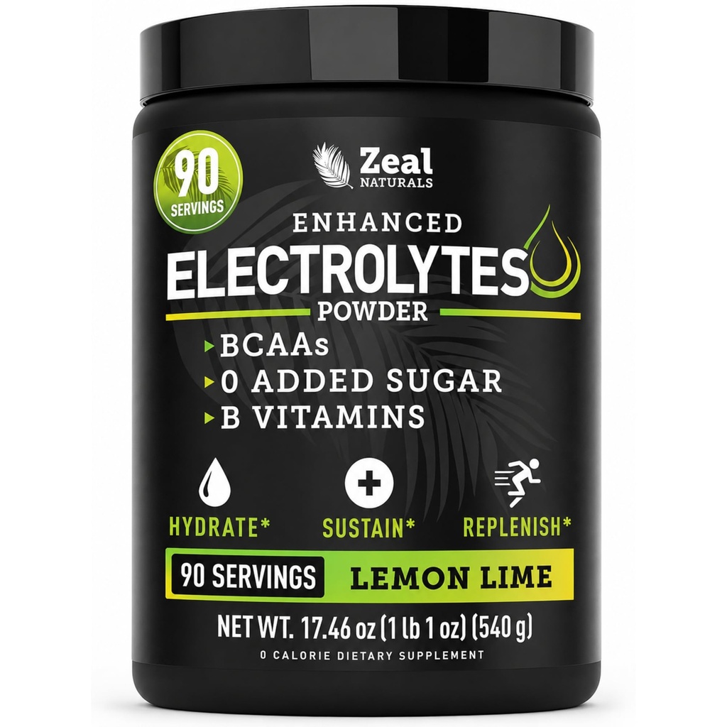 Zeal Naturals Electrolyte Powder Recovery Drink (90 Servings □ Limão) w 0 Açúcar +BCAAs +B-Vitamins Eletrolyte Supplement w Potassium Zinc & Magnésio para Hidratação - Keto Electrolytes