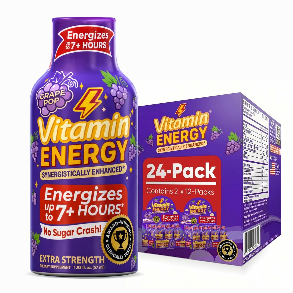 Vitamina Energia Focus+ Energia de força extra Shot Uva 24 Pack, 260mg Cafeína Natural, B-Vitaminas, CoQ10, Aminoácidos, Foco, Produtividade e clareza, Açúcar Zero, Sem Glúten, 1,93 fl oz