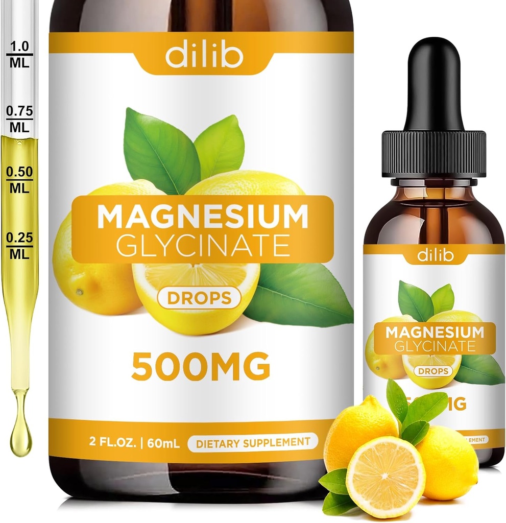 Suplemento de glicinato de magnésio, gotas líquidas de glicinato de magnésio 500mg com cálcio, zinco, vitamina B6, D3, L-teanina, Omega 3 para sono, humor, alívio de estresse, osso, músculo, sabor limão