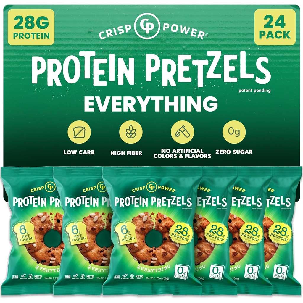 Crisp Power Protein Pretzels, Tudo, Alta proteína Vegan Keto Snack, 28 G proteína baseada planta, Baixo carboidratos crunchy Pretzel Snacks, Açúcar livre, Sem óleo de semente, 1.75 oz Bags, 24 Pack