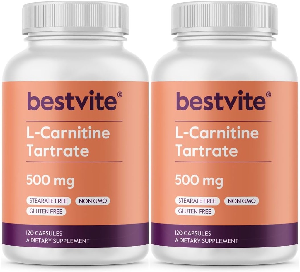 BESTVITE L-Carnitina Tartrato 500mg por cápsula (240 Cápsulas)(120x2) - Sem Estearatos - Sem OGM - Sem glúten