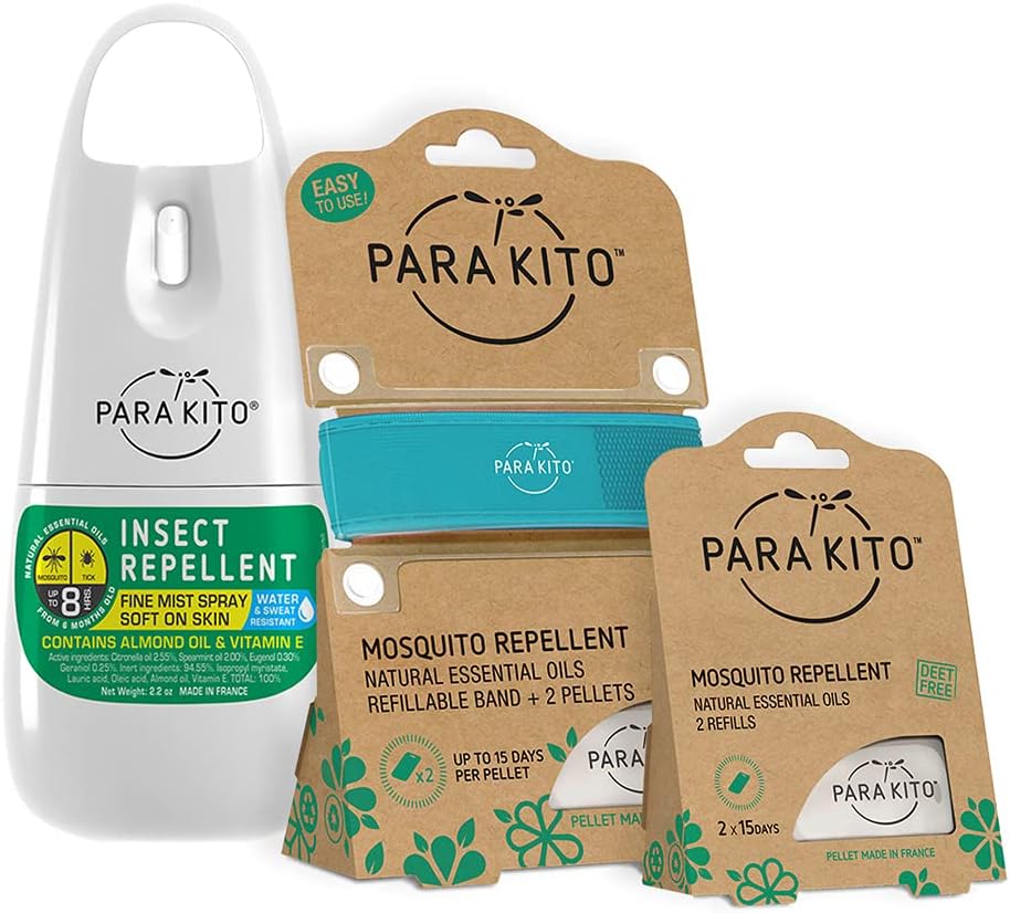 PARAKITO Mosquito, Inseto e pacote de pulverização de Bug - Inclui Spray, pulseira de turquesa e 4 refils □ Grátis, Óleos essenciais de Citronella, Perfeito para acampar, Caminhadas, Viagens Atividades ao ar livre