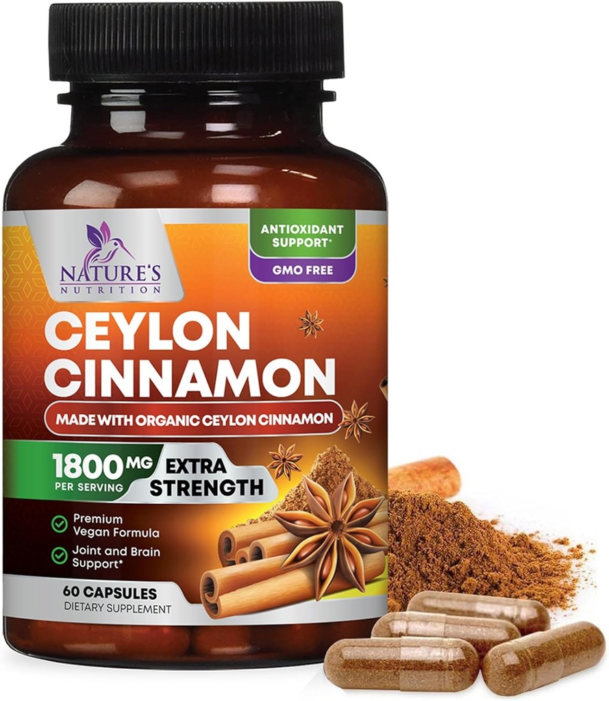 Ceilão orgânico Canela Suplemento 1800mg - Certified Organic Ceilão Canela Pó Pílulas - Energy & Heart Support for Women & Men, Engarrafado em EUA, Antioxidante, Sem glúten, Não-GMO - 60 Cápsulas