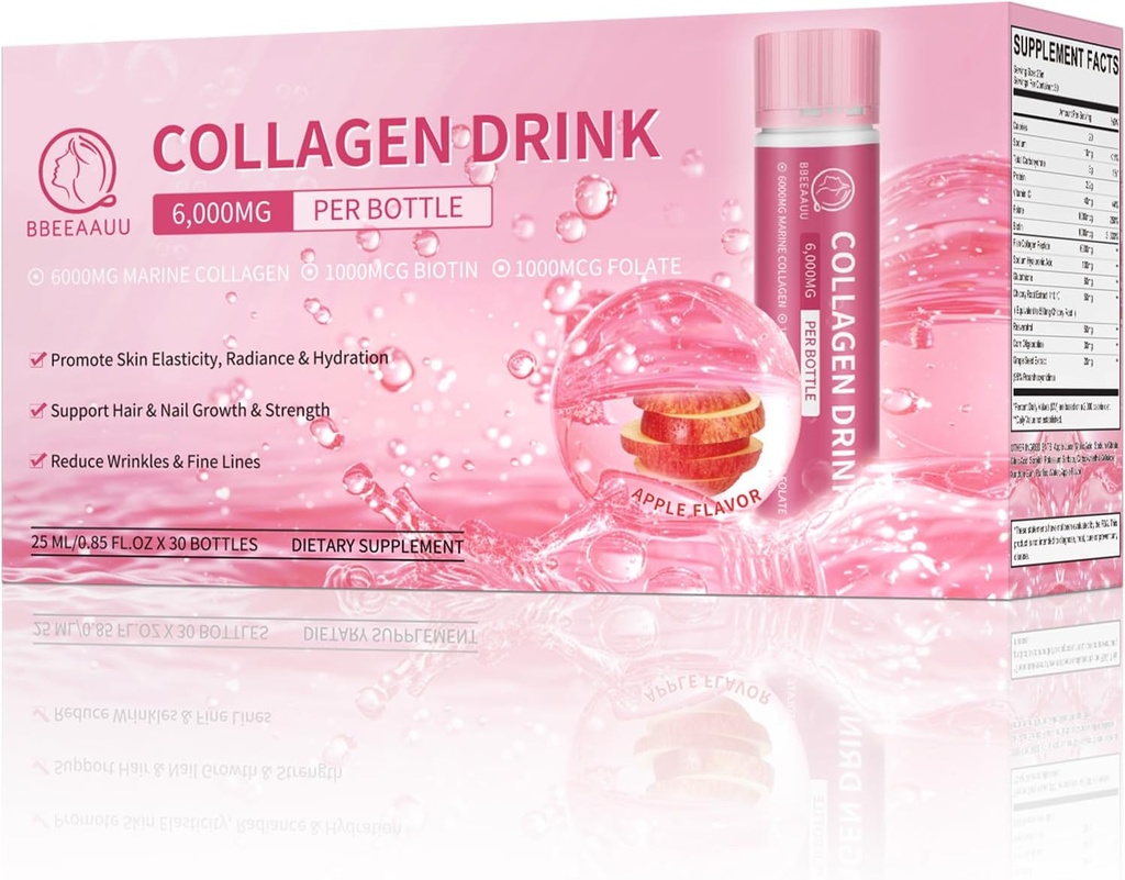 Colágeno Bebida 6000mg Peptídeos de Colágeno Marinho, Tiros de Colágeno Líquido para Mulheres com Ácido Hialurônico, Vitamina C, Suplementos de Colágeno Suporte Pele, Cabelo e unhas, 0,85 Fl.Oz x30 Garrafas, Flavor de Apple