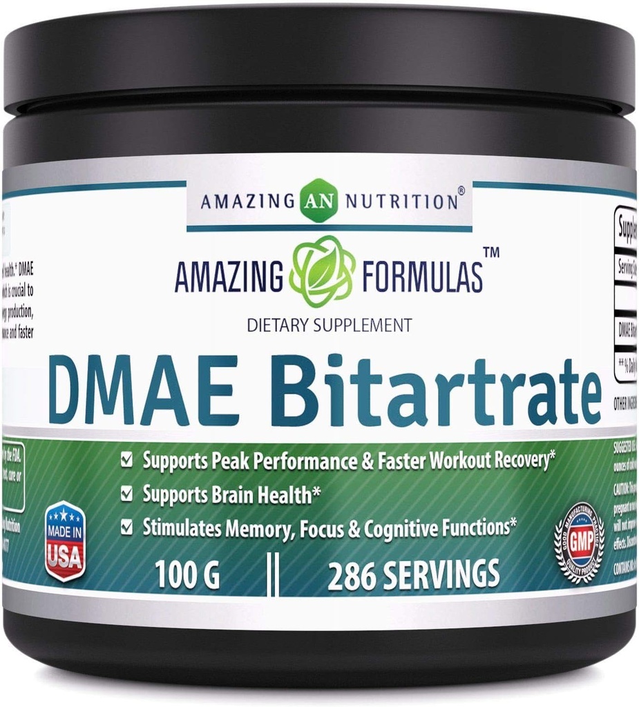 Fórmula incrível DMAE Bitartrate Powder Supplement 100 Grams □ 286 Servimentos □ Não-GMO □ Gluten-Free □ Made in USA