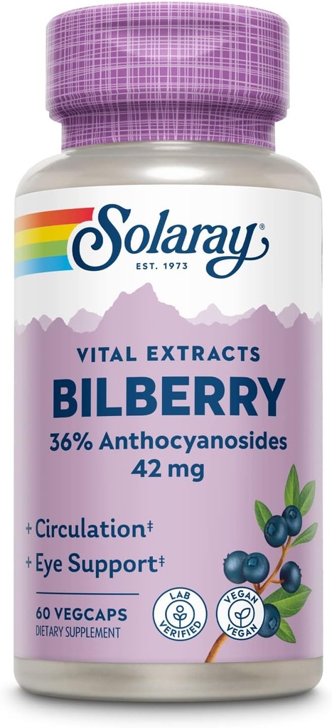 SOLARAY Bilberry Berry Extract 42 mg, Eye Health & Circulation Support, com 36% Anthocyanosides, Vegan, 60 VegCaps