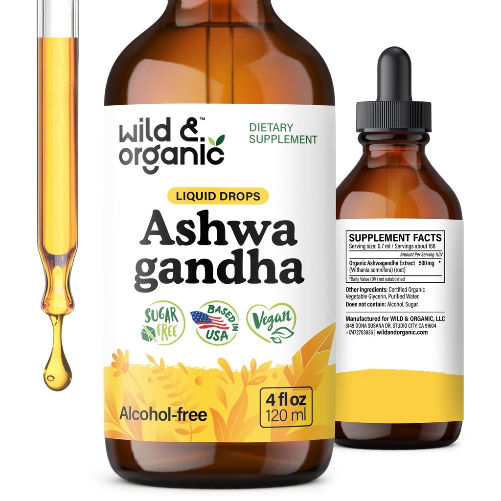 Wild & Organic Ashwagandha Drops - suplemento de apoio ao humor w / Ashwagandha extrato raiz - gotas líquidas para a mente calma - suplementos de relaxamento - açúcar & álcool - 4 fl oz