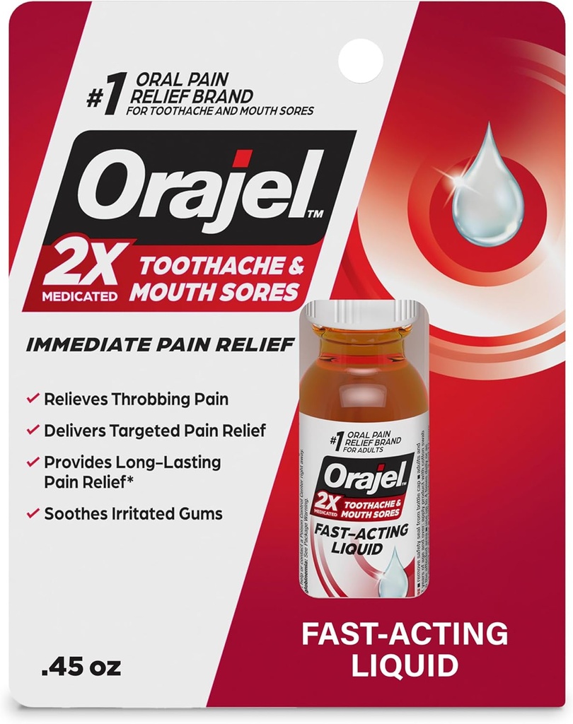 Orajel 2X Dor de dentes medicada e feridas de boca líquido, 0,45 fl oz