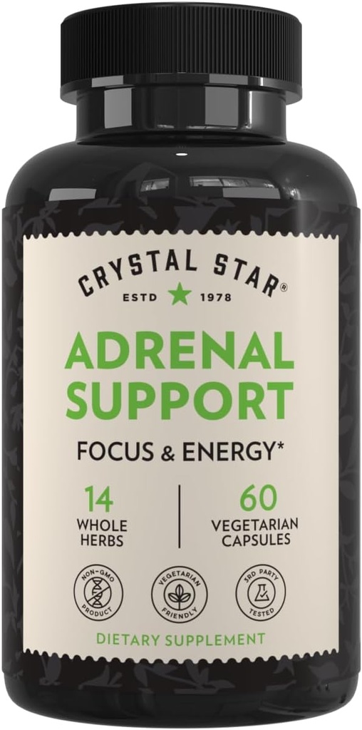 Crystal Star Suplemento de suporte adrenal (60 cápsulas) – Suplemento diário de cortisol de ervas para alívio de estresse e fadiga adrenal - Eleuthero siberiano, alcaçuz, Uva Ursi, Astragalus & Fo-ti – Não-GMO