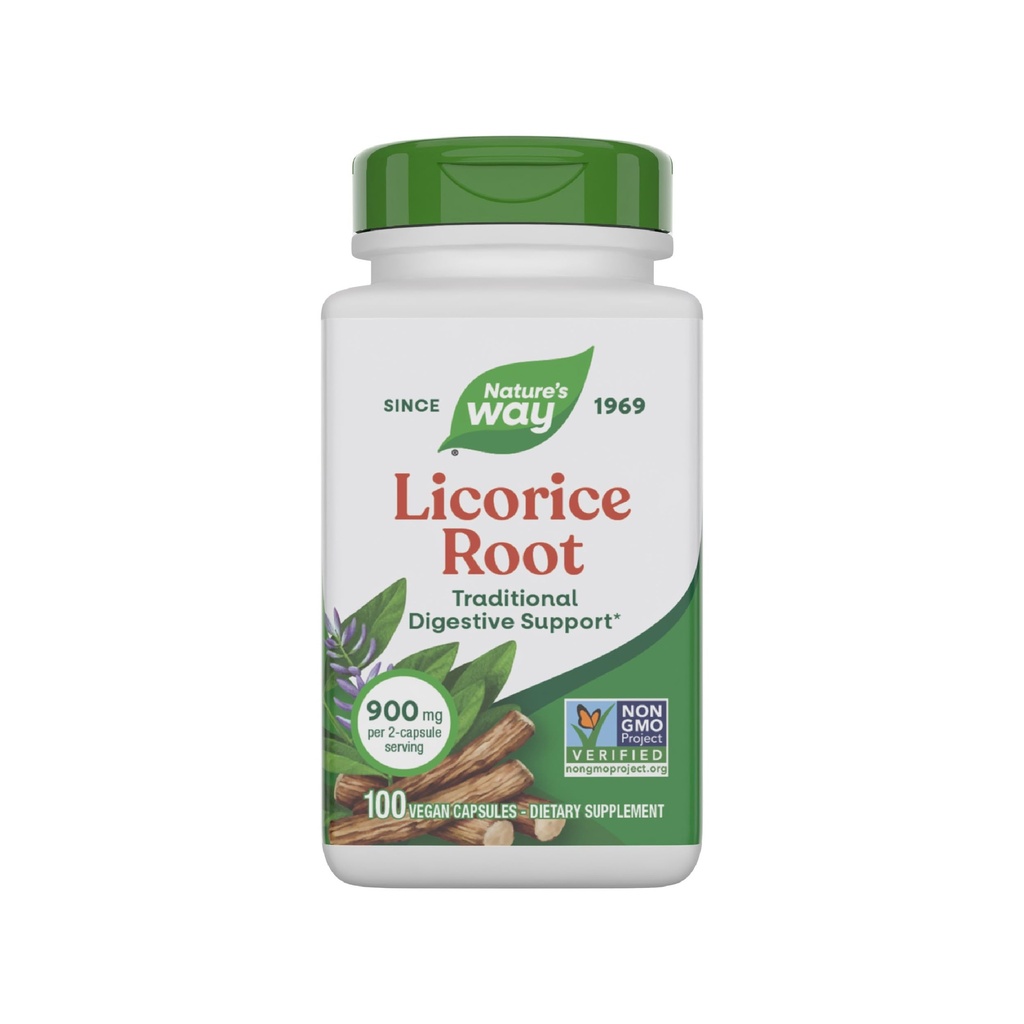 Raíz de alcaçuz da maneira da natureza, Suplemento Digestivo tradicional do apoio *, 900 mg por serviço de 2 cápsulas, Projeto não-GMO verificado, 100 cápsulas Vegan (Pacote de maio Vary)