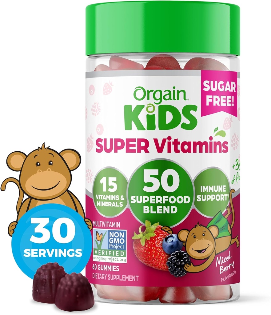 Orgain Kids Açúcar Free Gummies Multivitamin, Vegan & Planta com base, 50 Superalimentos, 15 Vitaminas e Minerais, Suporte Imune e 3g de fibra, Berry misto, Idades 4+, 1 mês de fornecimento (60 chicletes)