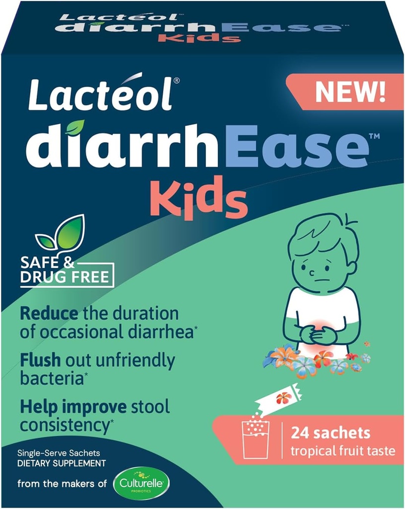 DiarrhEase Kids - uma estirpe pósbiótica segura, livre de drogas e clinicamente testada que encurta a duração da diarreia ocasional - Funciona naturalmente com o corpo de seu filho, 24 Contagem