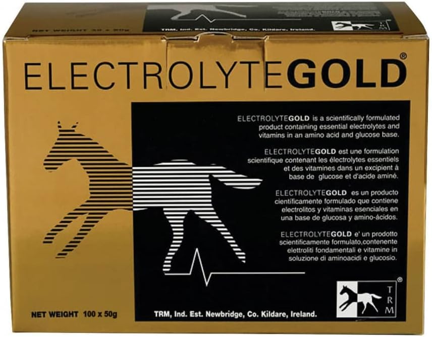 TRM Electrolyte Gold Performance Horse Feed Supplement for Electrolyte Replenishment - Combates Fadiga - Contém Vitaminas C & E - 100 Qty x 1,76 oz (100 Qty x 50g) - 100 Qty x 1,76 oz