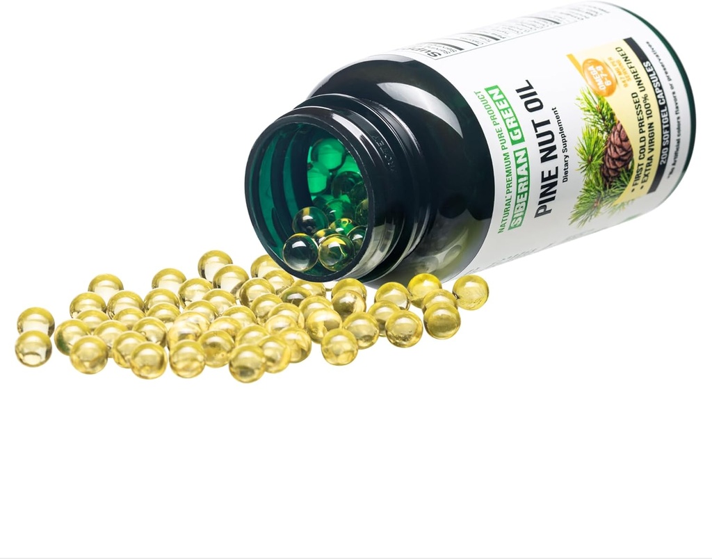Siberiano Green Pine Nut Oil Cápsulas 200 Softgels Selvagem Colheita Sibéria Altai frio prensado não refinado