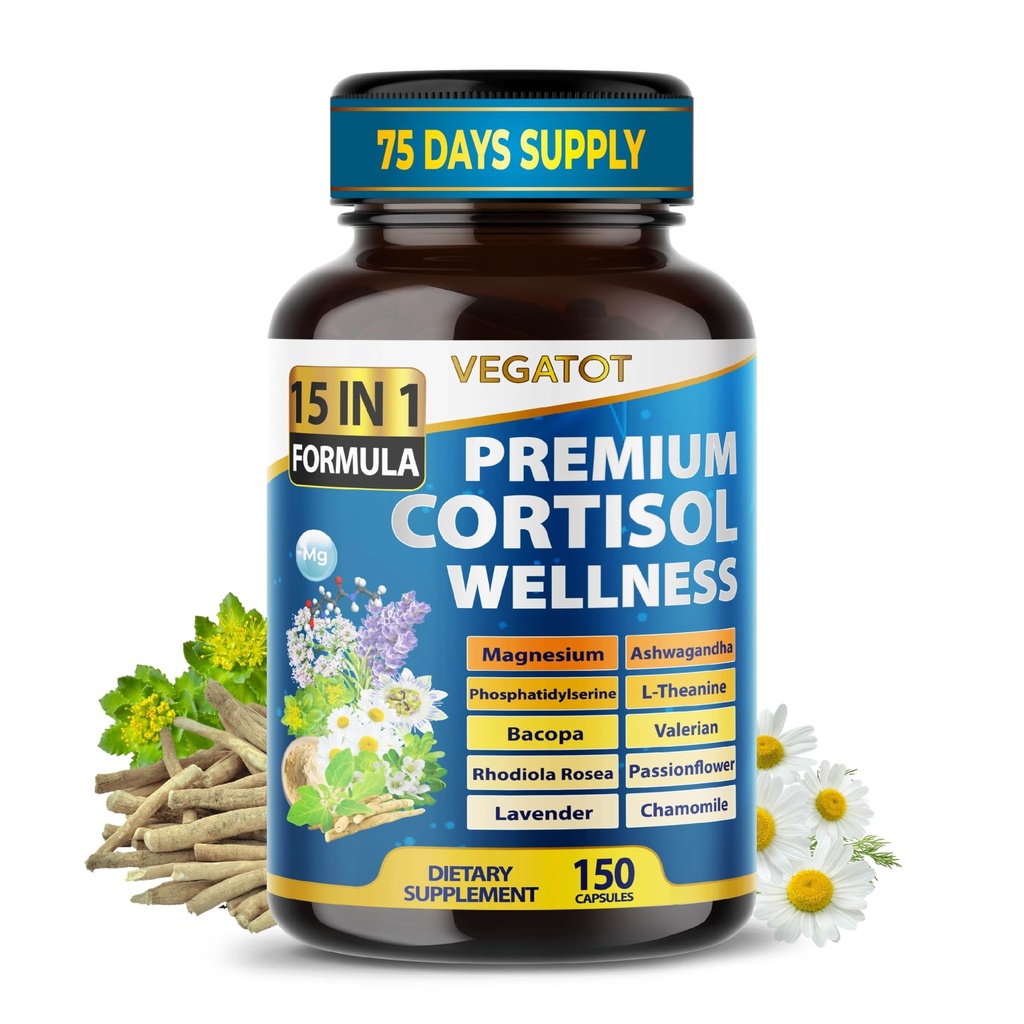 VEGATOT Complexo de Bem-Estar de Cortisol Orgânico 15-em-1 Fórmula com Magnésio Ashwagandha St.