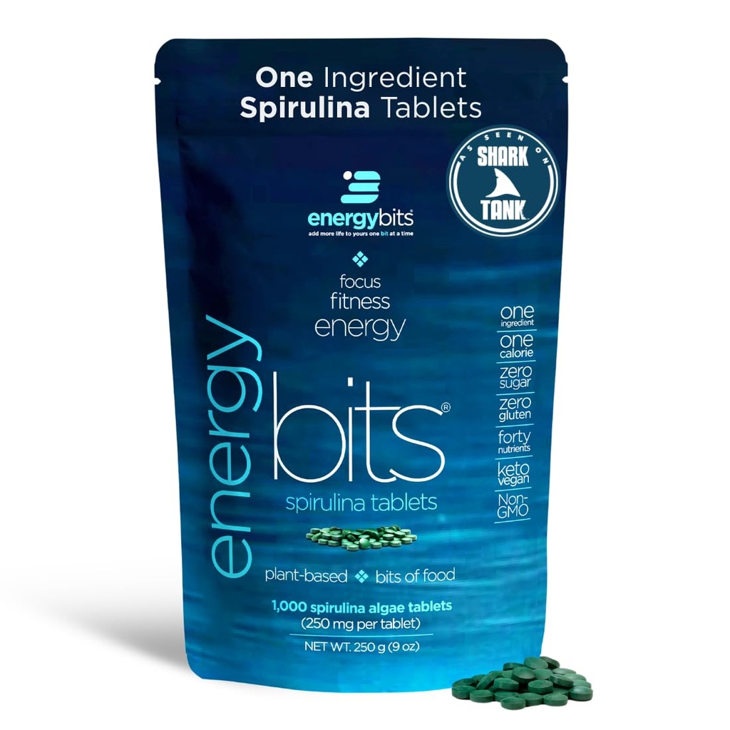 ENERGIBITS - Comprimidos de espirulina orgânica - Superalimento de algas com base em plantas - para Foco, Fitness, Energia - Proteína de plantas - Livre de glúten - Colágeno, Vitamina B12, Omega 3 - Keto & Vegan - 1000 Comprimidos de algas