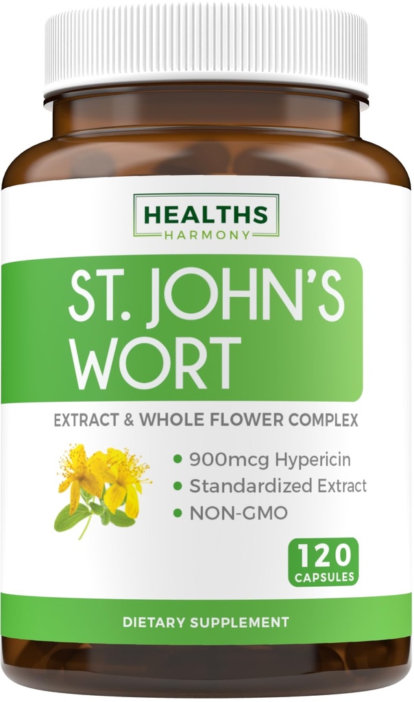 St John's Wort Cápsulas - Extrato de Erva de Saint John poderoso e potente & Complexo de ervas inteiro padronizado para 900mcg Hypericin para balanceamento de suporte de humor diário - Vegan Não-GMO & Lab verificado (120 Caps)