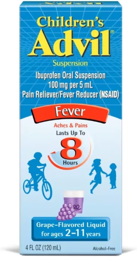 Suspensão Advil Infantil Ibuprofen 100mg Fast Pain Reliever e Redutor de Febre Dura até 8 horas Sabor de uva líquido para idades de 2 a 11 anos - 3 pacote de 4 garrafas FL Oz