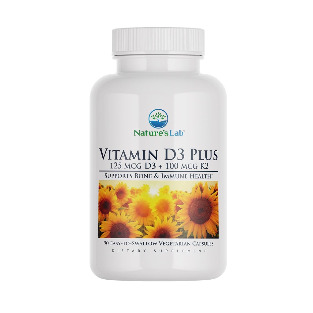 Nature's Lab Vitamina D3 Plus - Contém vitaminas D3 e K2 (MK7) para suporte imunológico, ossos saudáveis e saúde cardiovascular* - Gluten Free, Non GMO - 90 Cápsulas (3 Mês de Abastecimento)