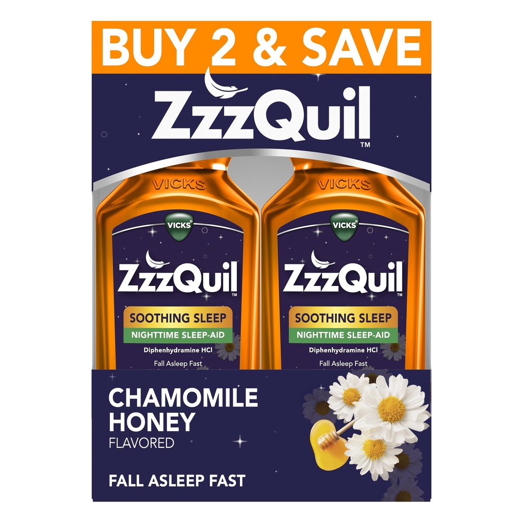 ZzzQuil Liquid Sleep Aid, Sono calmante, Difenidramina 50mg HCl, Camomila mel saborosa, Nighttime Sleep Aid Liquid, Sono Aids para adultos, 2 Pack, 24 FL OZ