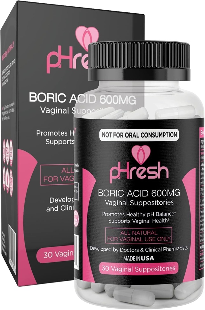 Supositórios de ácido bórico pHresh para mulheres, Supositórios para uso Odor, Natural Feminino Suporta Saúde Vaginal & Promove Balanço de pH saudável - Made in USA