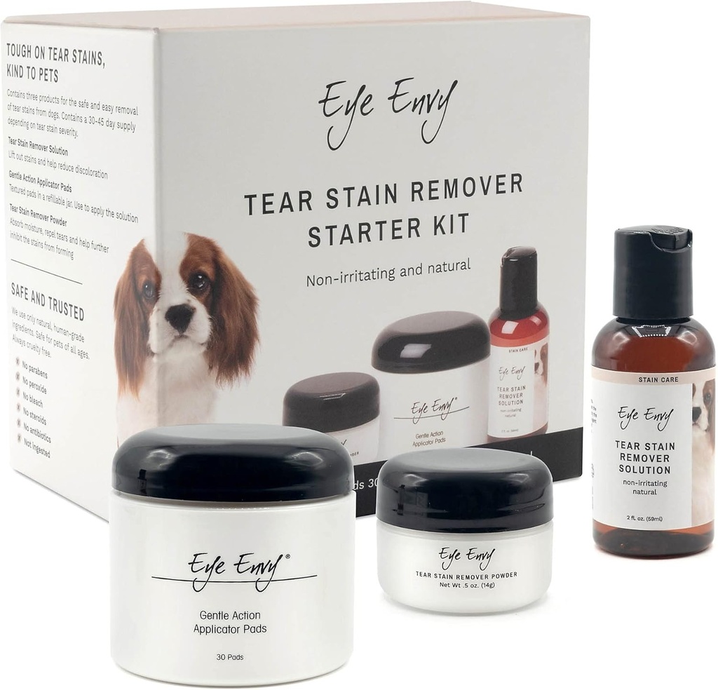Eye Envy Dog Tear Stain Starter Kit. 100% Natural, Seguro. Contém: Solução de Mancha, Pads aplicador, e pó de Mancha. Kit de Tratamento de Manchas Tear. Dura 30-45 dias. Feito nos EUA