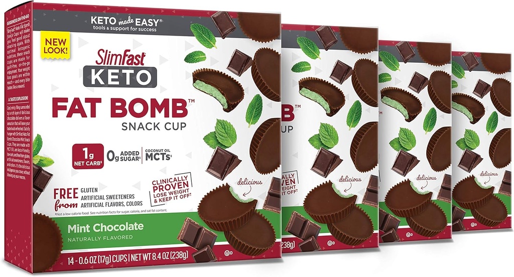 SlimFast Keto Fat Bomb Snack Cup, Chocolate de hortelã, Keto Snacks para perda de peso, Baixo Carb com 0g adicionado de açúcar, 14 caixa de contagem (Pacote de 4)