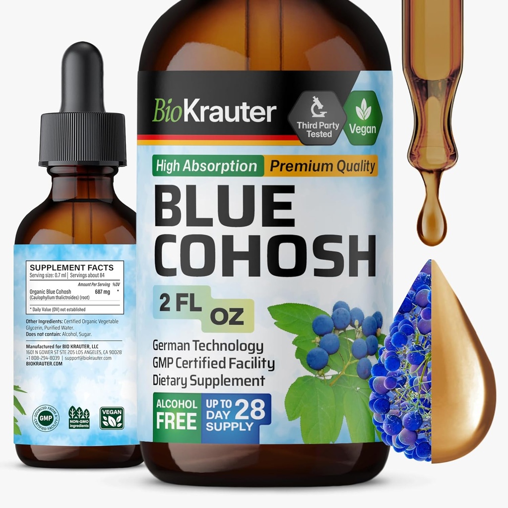 BIO KRAUTER® Suplementos de Menopausa para Mulheres* - Azul Cohosh Tintura 2 Fl.Oz 28 Dias de Abastecimento - Vegan Blue Cohosh Extrato para Apoio de Menopausa - Álcool e Açúcar Grátis - Relaxação e Bem-Estar das Mulheres