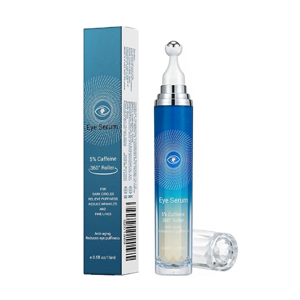 5% Cafeína Serum olho, Anti-envelhecimento Sob Olho Roller Creme para círculos escuros rugas e linhas finas, Creme EyeCare coreano com 360° Massage Ball, EyeBags Tratamento para homens e mulheres