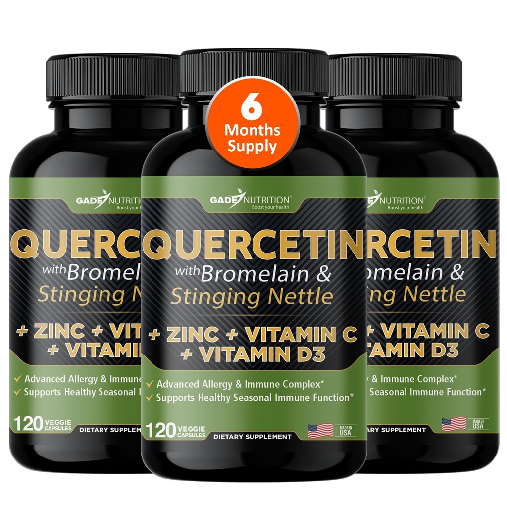 Gade Nutrition Quercetin com Vitamina C, Zinc & Stinging Nettle - Nettle Quercetin - Quercetin 500mg - Quercetin com Bromelain - Zinc Quercetin + Vitamina D3-360 Veggie Caps - 6 meses de fornecimento