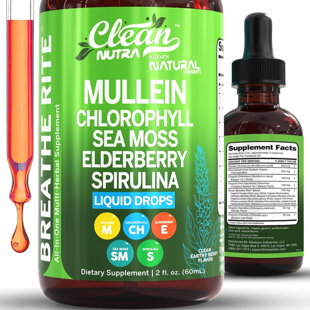 Nutra Mullein limpa gotas para pulmões Clorophyll orgânico líquido Irish Sea Moss, espirulina, alcaçuz, tart Cherry Lobelia, Motherwort & Elderberry Mullein Folha Extrair Tintura Homens Suplemento