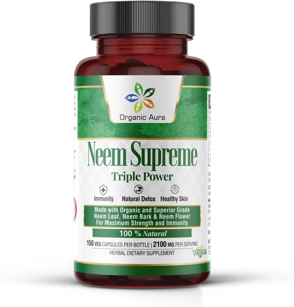 Cápsulas Orgânicas Aura Neem. 150 Cápsulas Veg. Triplo Complexo - Força máxima Pure High-Potency Azadirachta Indica Cápsula. Antioxidante Natural, Saúde da Pele, Suporte Imunidade Abundante.
