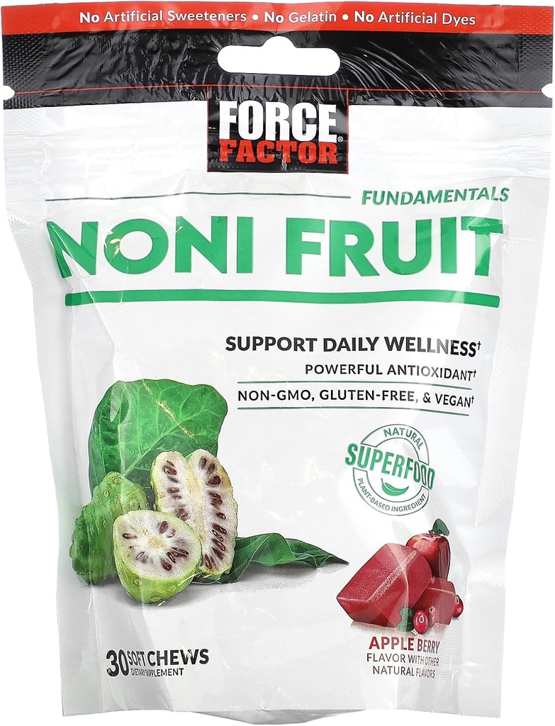 FORCE FACTOR Noni mastiga frutas para imunidade e apoio à saúde da pele, Noni Suice Supplement, Mastigação de superalimentos antioxidantes à base de plantas, Gluten-Free, & Vegan, Apple Berry Flavor, 30 mastigação suave