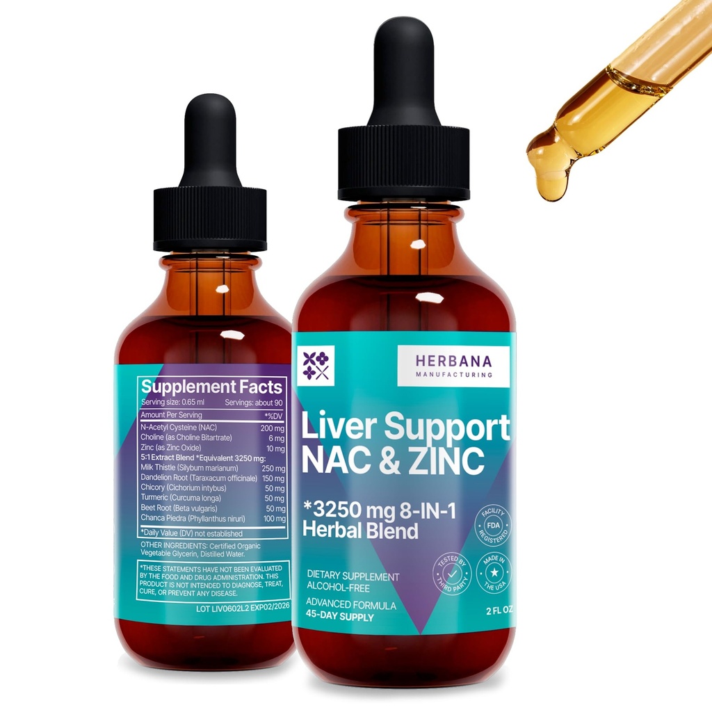 Suporte de fígado e NAC, Zinco - 2 gotas líquidas fl oz com cardo de leite, raiz de dente-de-leão, chicória, açafrão, raiz de beterraba, Chanca Piedra - suplemento de limpeza de fígado e detox