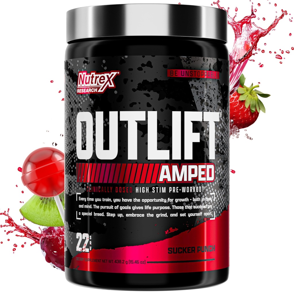 OUTLIFT Amped Max Dosed ALTO STIM pré-treino em pó, 6G Citrulina, 3,2G Beta Alanine, Alpha GPC, CognatiQ, Energia Extrema, Bombas Massivas, Força, Eletrolíticos, Nootrópicos, Fruit Punch, 22 Servings